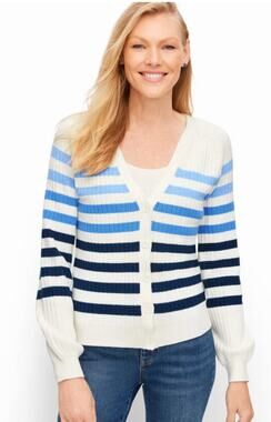 Talbots Womens M Petite White Blue Breton Stripe V Neck Cardigan Sweater NEW